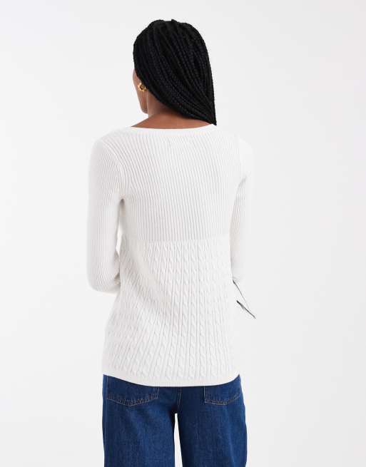 Hollister square neck babydoll cable knit sweater in white, 3 of 4