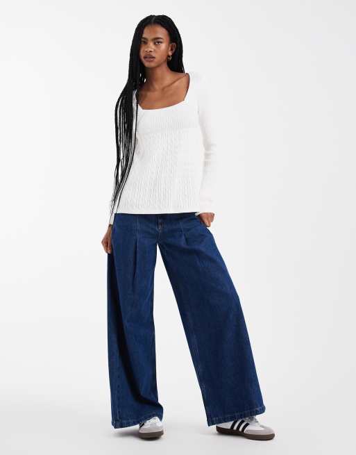 Hollister square neck babydoll cable knit sweater in white, 4 of 4