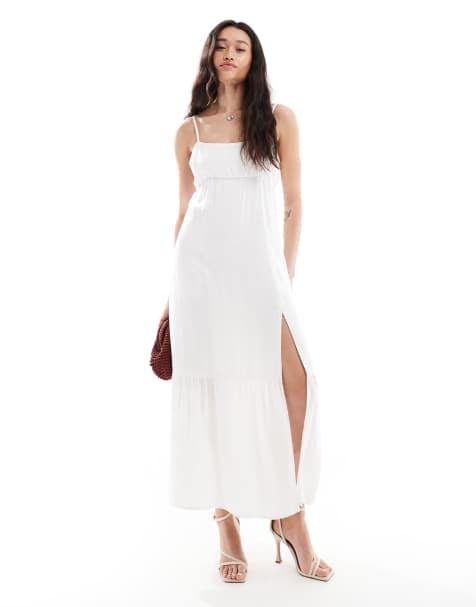Hollister square neck babydoll maxi dress with a slit in white polka dot - view 1