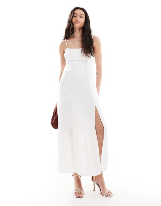 Hollister square neck babydoll maxi dress with a slit in white polka dot
