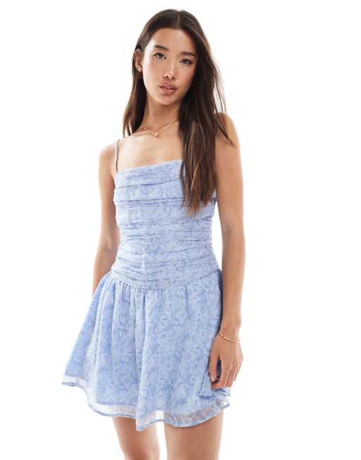 Hollister square neck drop waist chiffon mini dress in blue