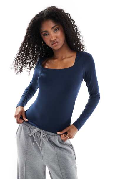 Hollister square neck long sleeve top in navy - view 1
