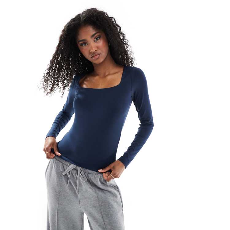 Hollister square neck long sleeve top in navy | ASOS