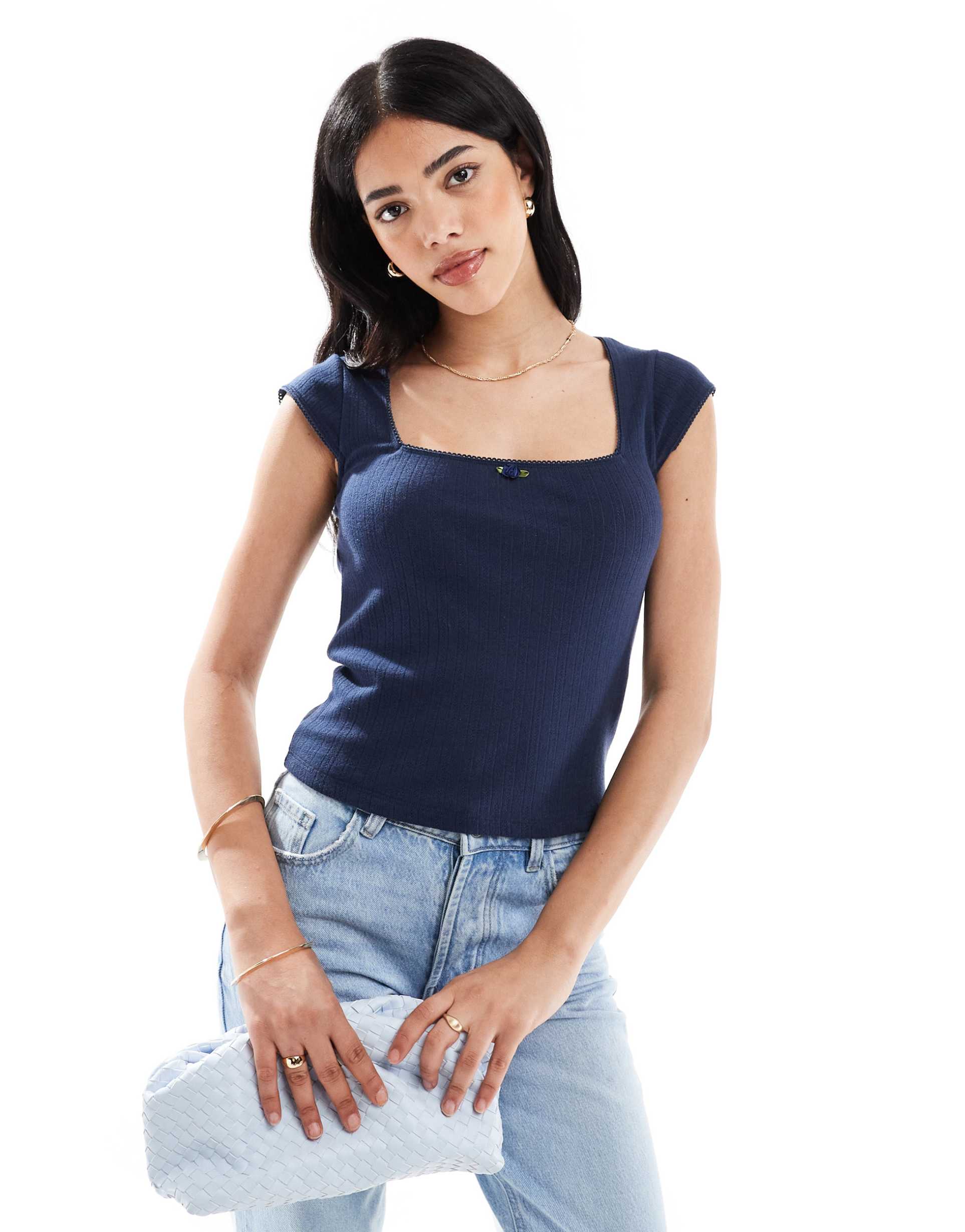 hollister square neck pointelle t-shirt in navy