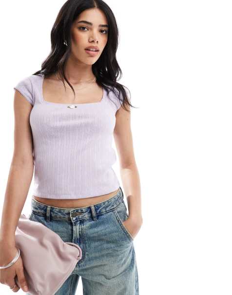 Hollister square neck pointelle t-shirt in purple - view 1