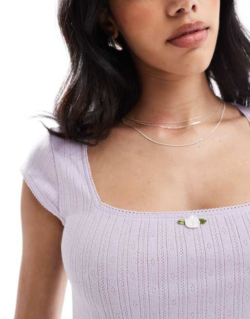 Hollister square neck pointelle T-shirt in purple, 3 of 4