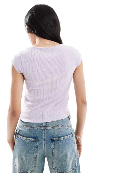 Hollister square neck pointelle T-shirt in purple, 4 of 4