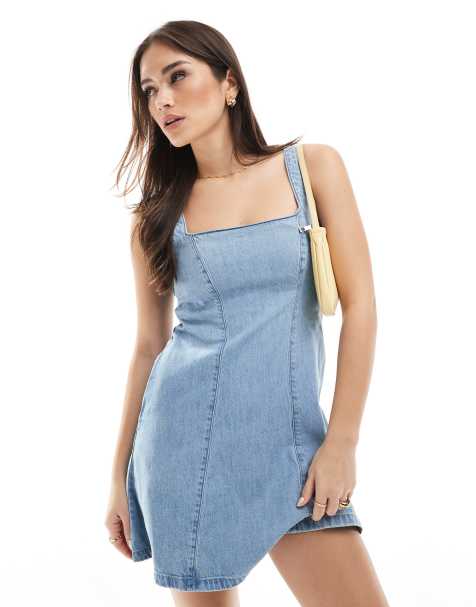 Hollister square neck tie back structured mini dress in denim - view 1
