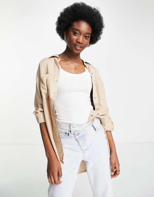 Hollister step hem shacket in tan ground check