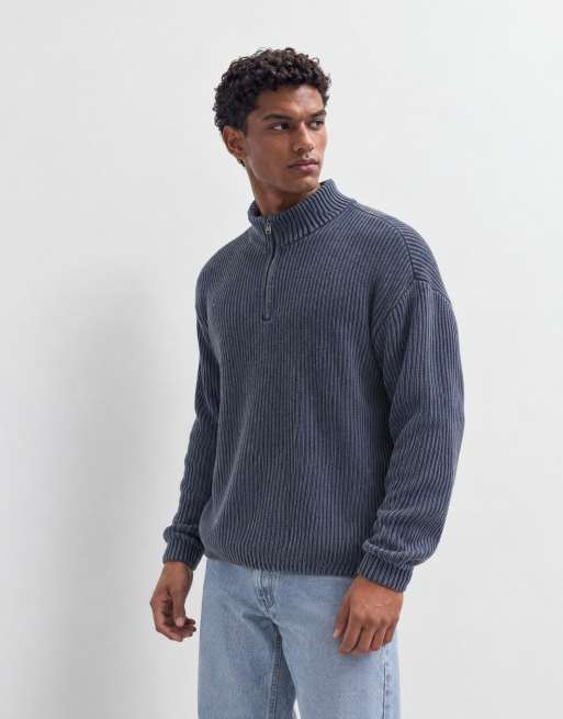 Hollister stickad ribbad tröja med kort dragkedja i blått, 6 av 9