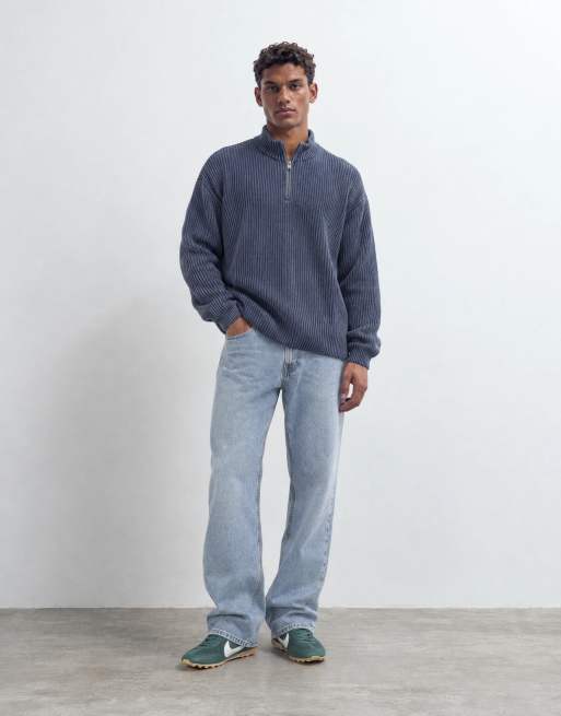Hollister stickad ribbad tröja med kort dragkedja i blått, 7 av 9