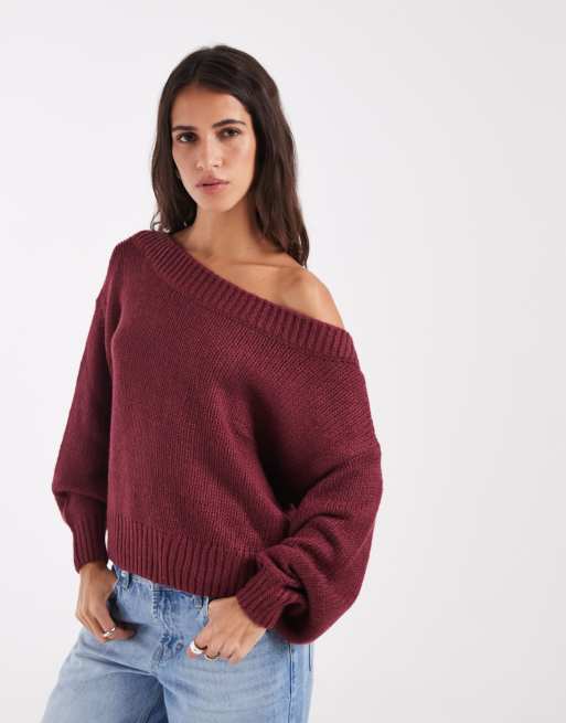 Hollister stickad tröja med bara axlar i burgundy, 1 av 4