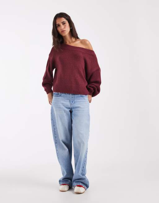 Hollister stickad tröja med bara axlar i burgundy, 3 av 4