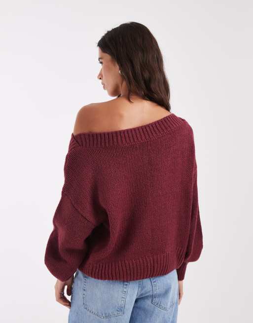 Hollister stickad tröja med bara axlar i burgundy, 4 av 4
