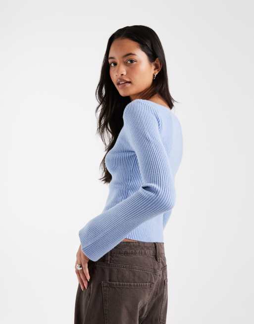 Hollister stickad tröja med bara axlar och klockärmar i blått, 4 av 4