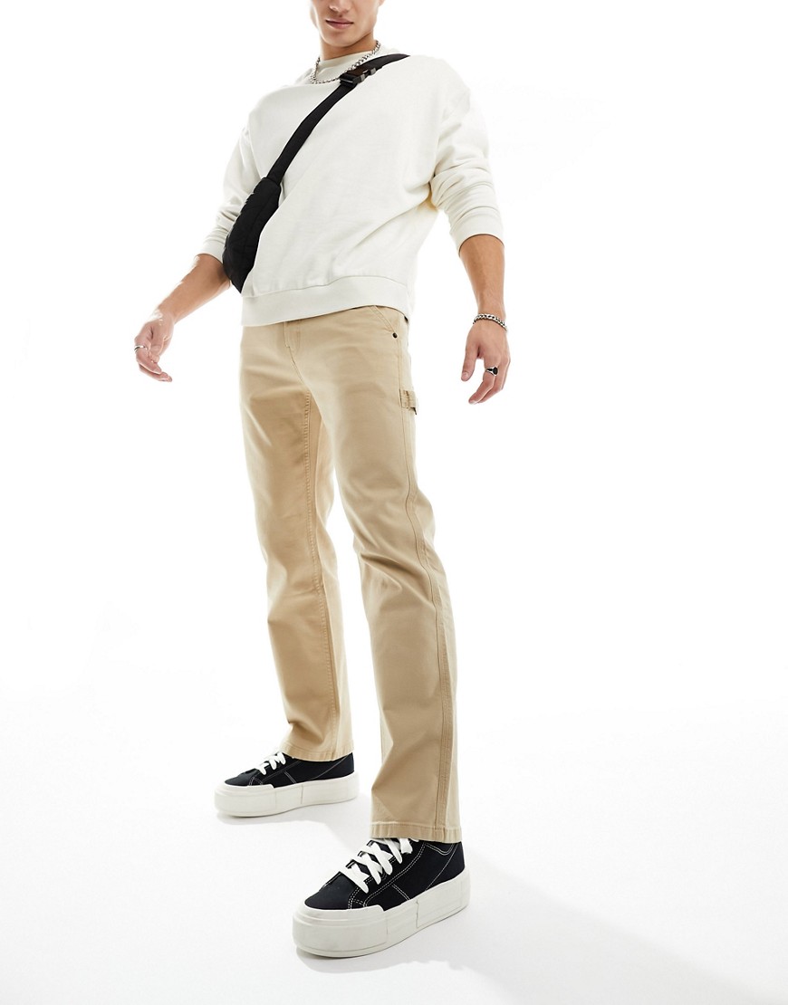 Hollister straight fit carpenter trousers in khaki beige-Neutral