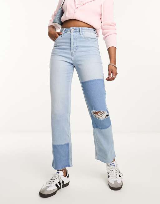 Light Blue High Rise Patchwork Straight Fit Jeans