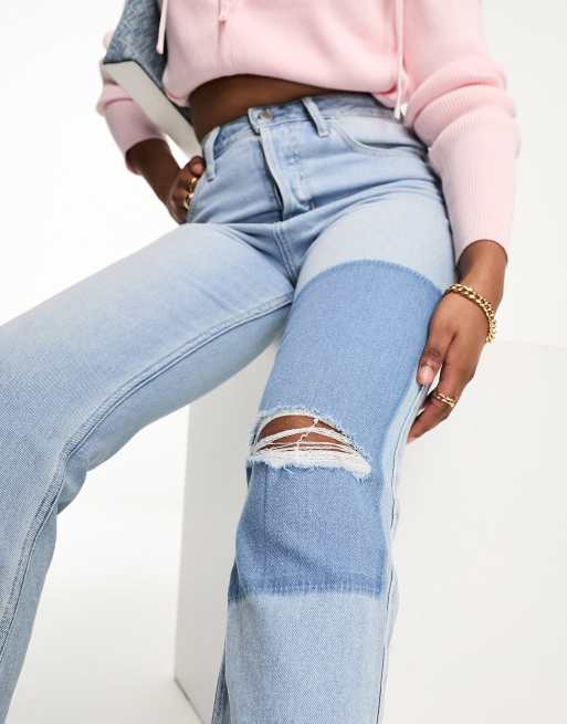 Hollister straight leg jeans with patchwork effect in light blue