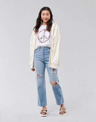 Hollister straight leg ripped knee jeans in mid blue wash - ASOS Price Checker