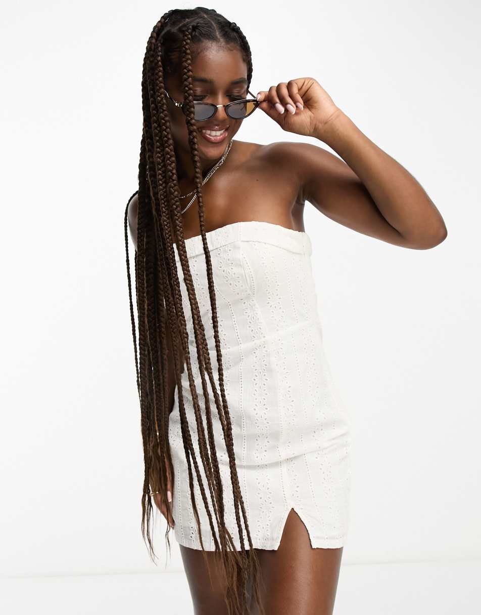 Hollister strapless broderie eyelet dress with side slit and lace up back in white