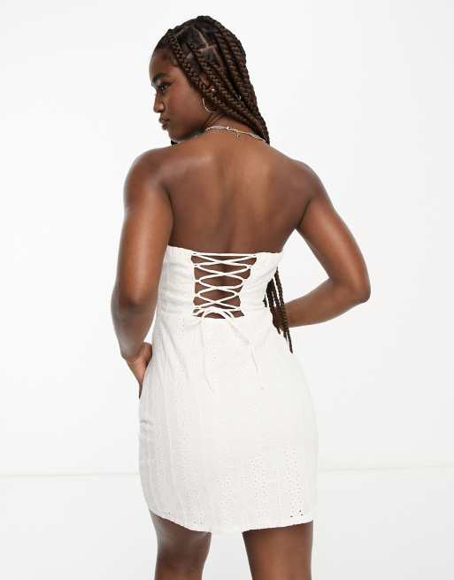 Hollister strapless broderie eyelet dress with side slit and lace up back  in white