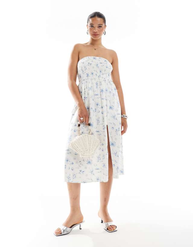Hollister strapless drop waist paneled midi dress in blue floral print