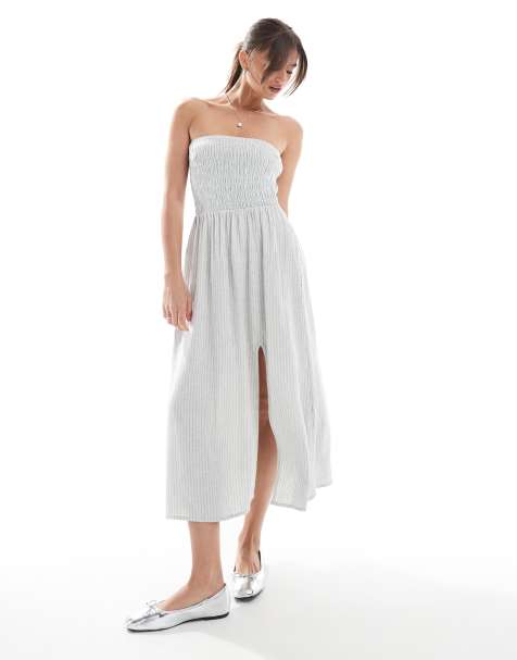 Hollister strapless drop waist paneled midi dress in sage stripe - view 1