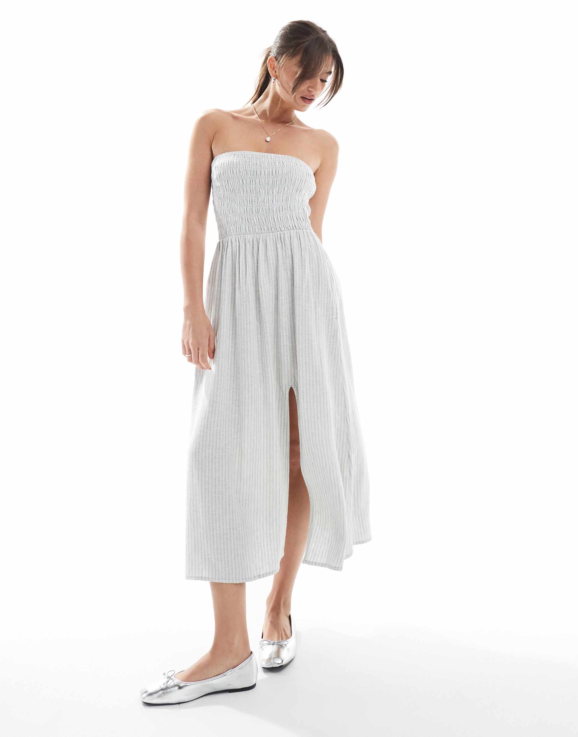 hollister strapless drop waist paneled midi dress in sage stripe