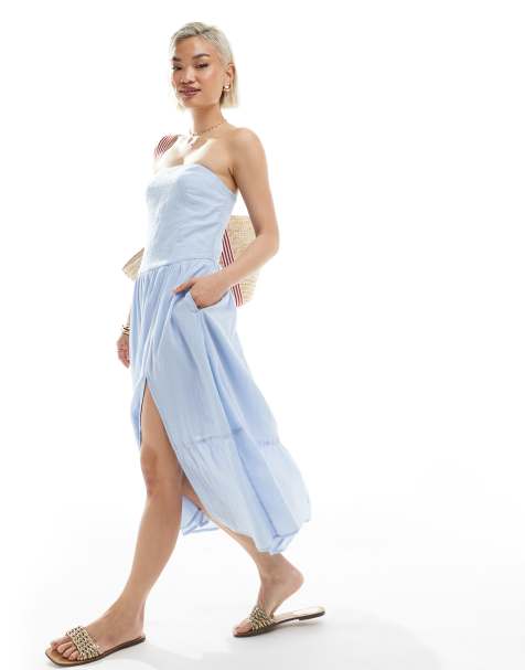 Hollister strapless drop waist textured midi dress with a slit in light blue - view 1