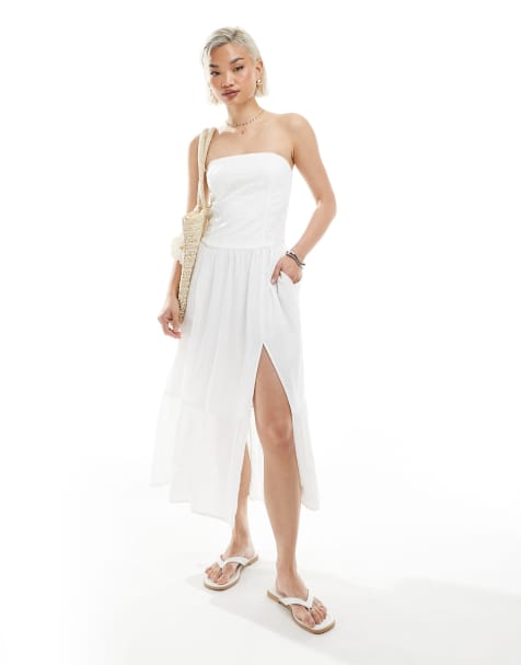 Hollister strapless drop waist textured midi dress with a slit in white - view 1