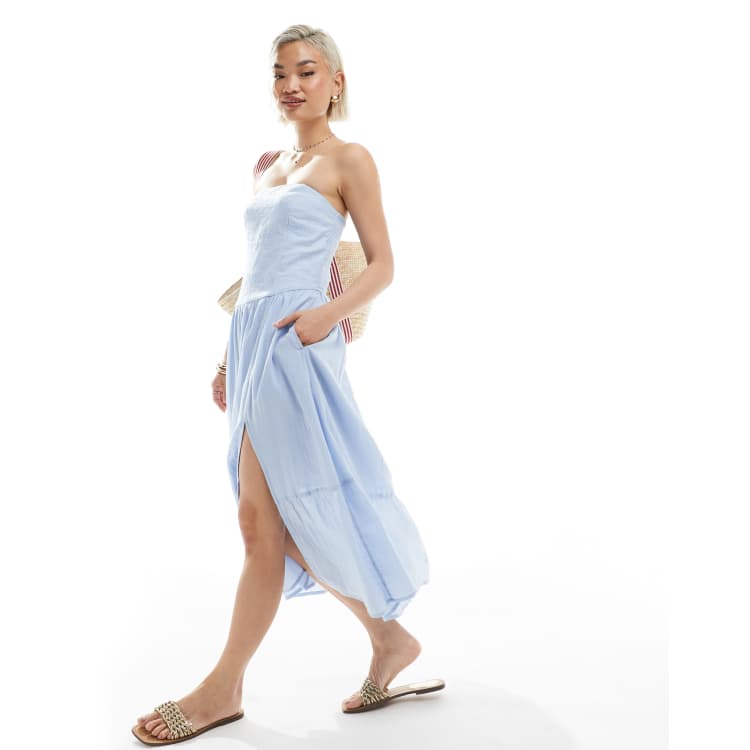 Hollister strapless dropped waist textured midi dress with a slit in light  blue | ASOS