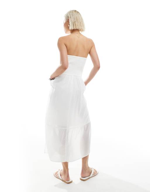 Hollister strapless dropped waist textured midi dress with a slit in white