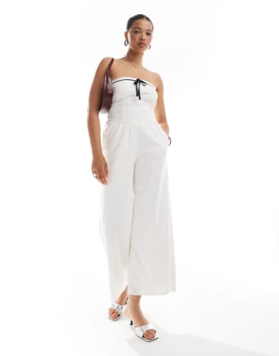 Hollister strapless linen jumpsuit with contrast trims in white