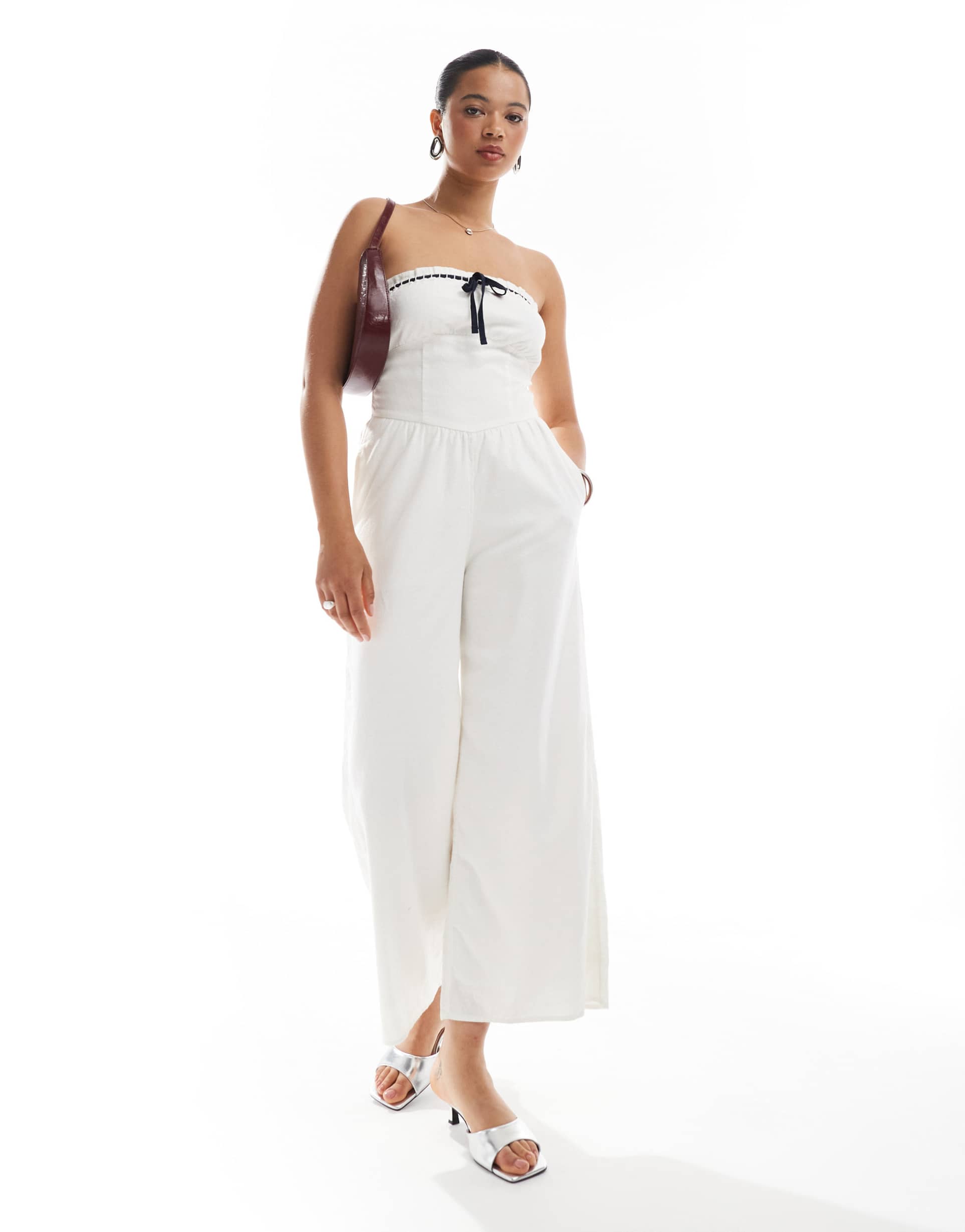 hollister strapless linen mix jumpsuit with contrast trims in white