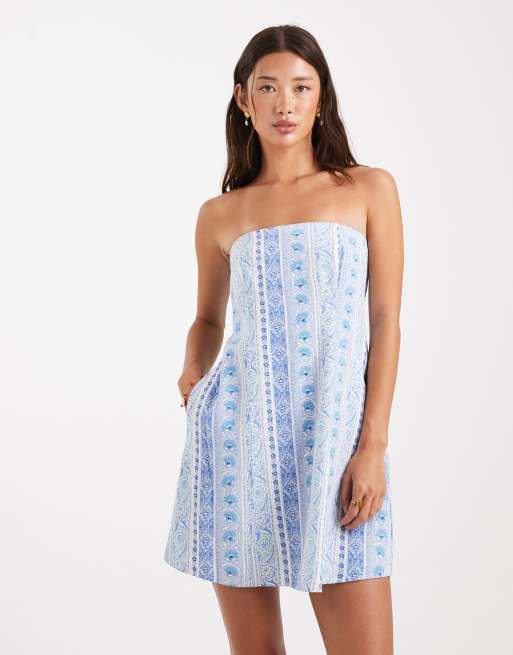 Hollister - Strapless mini jurk met print in blauw