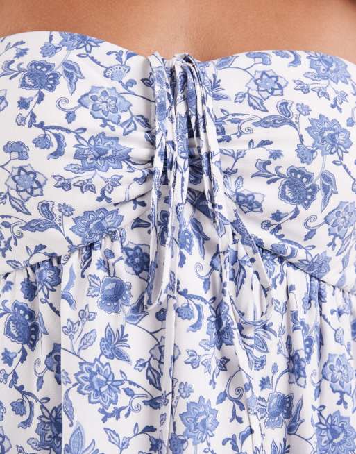 Hollister strapless tie front ruffle hem babydoll mini dress in blue floral  print | ASOS