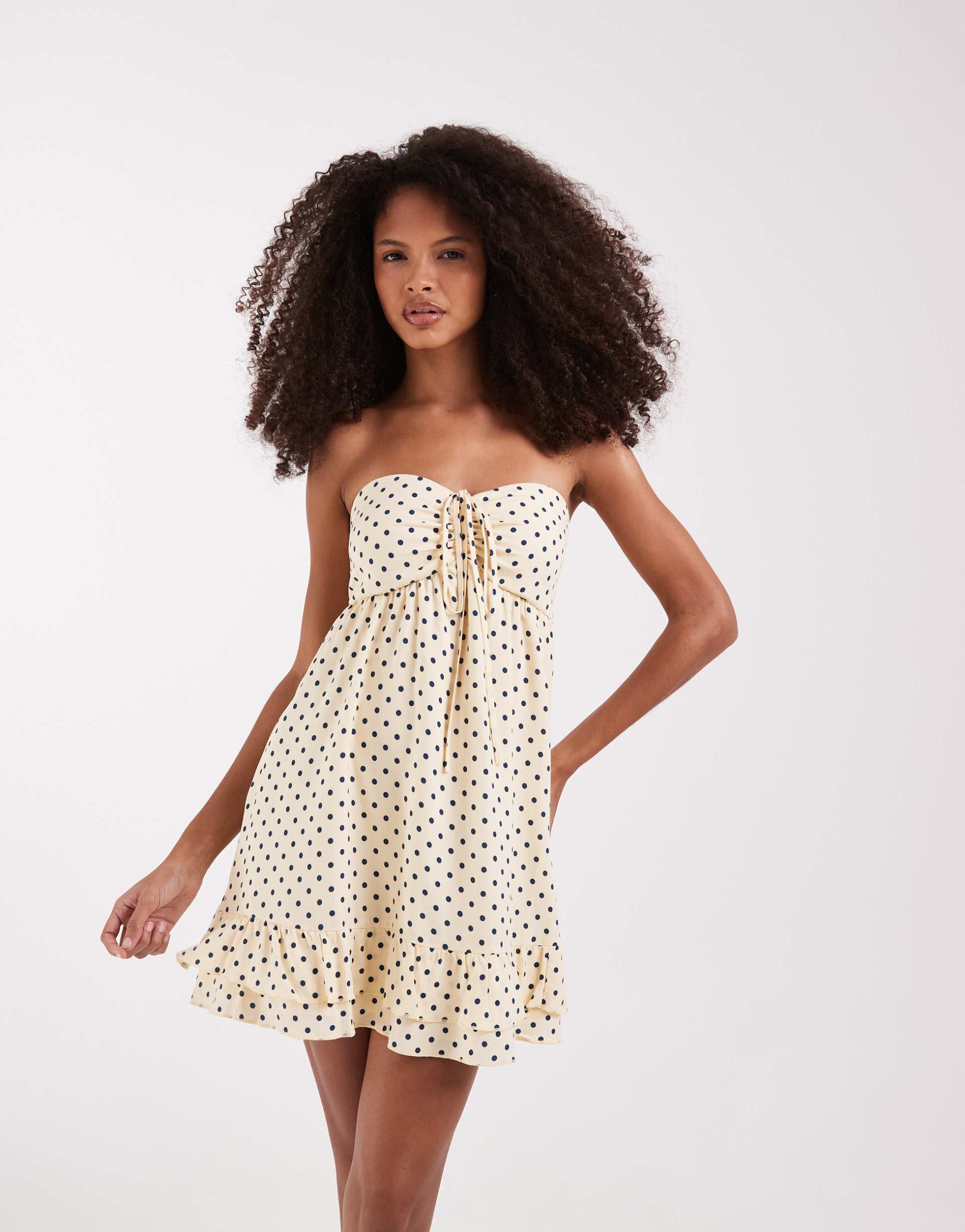 hollister strapless tie up ruffle babydoll mini dress in yellow polka dots