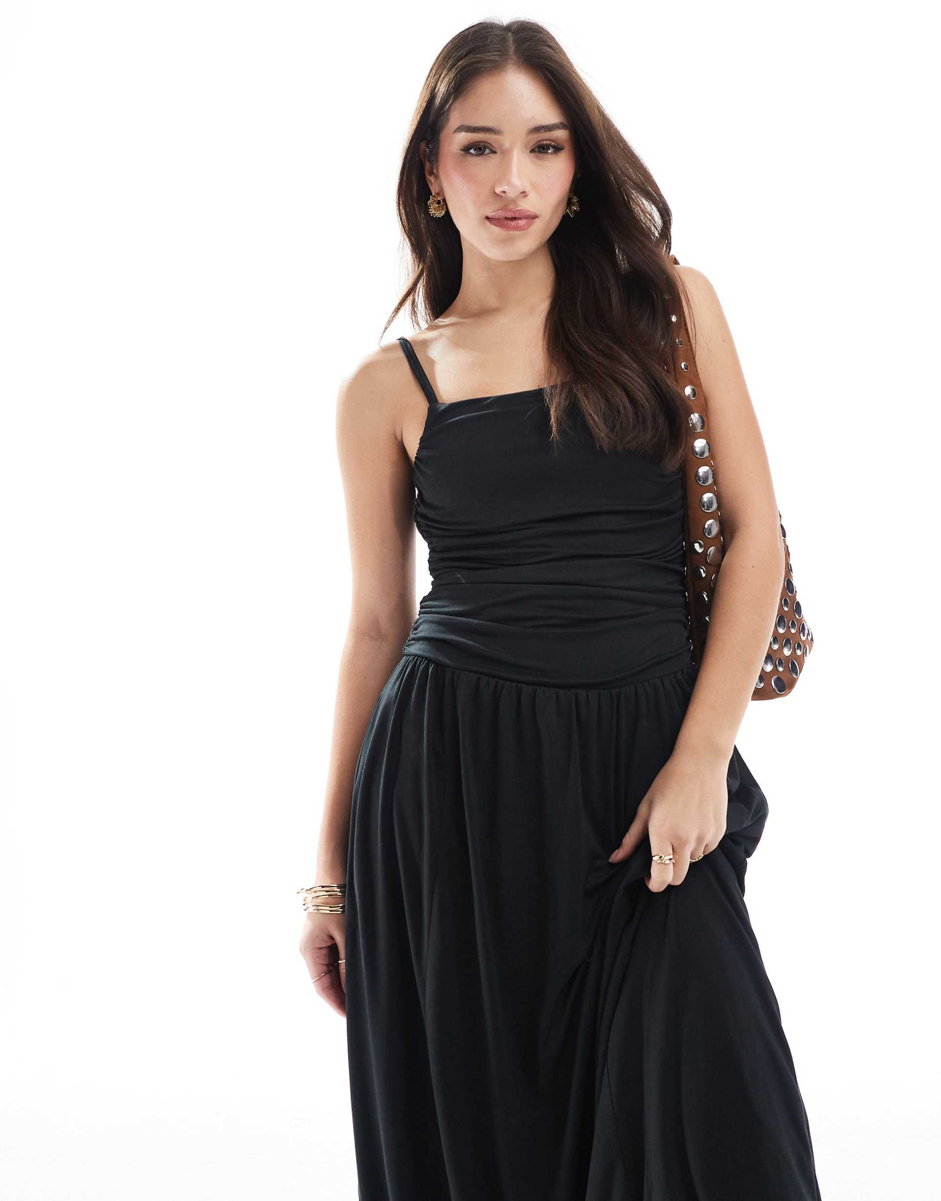 hollister strappy back puffball maxi dress in black