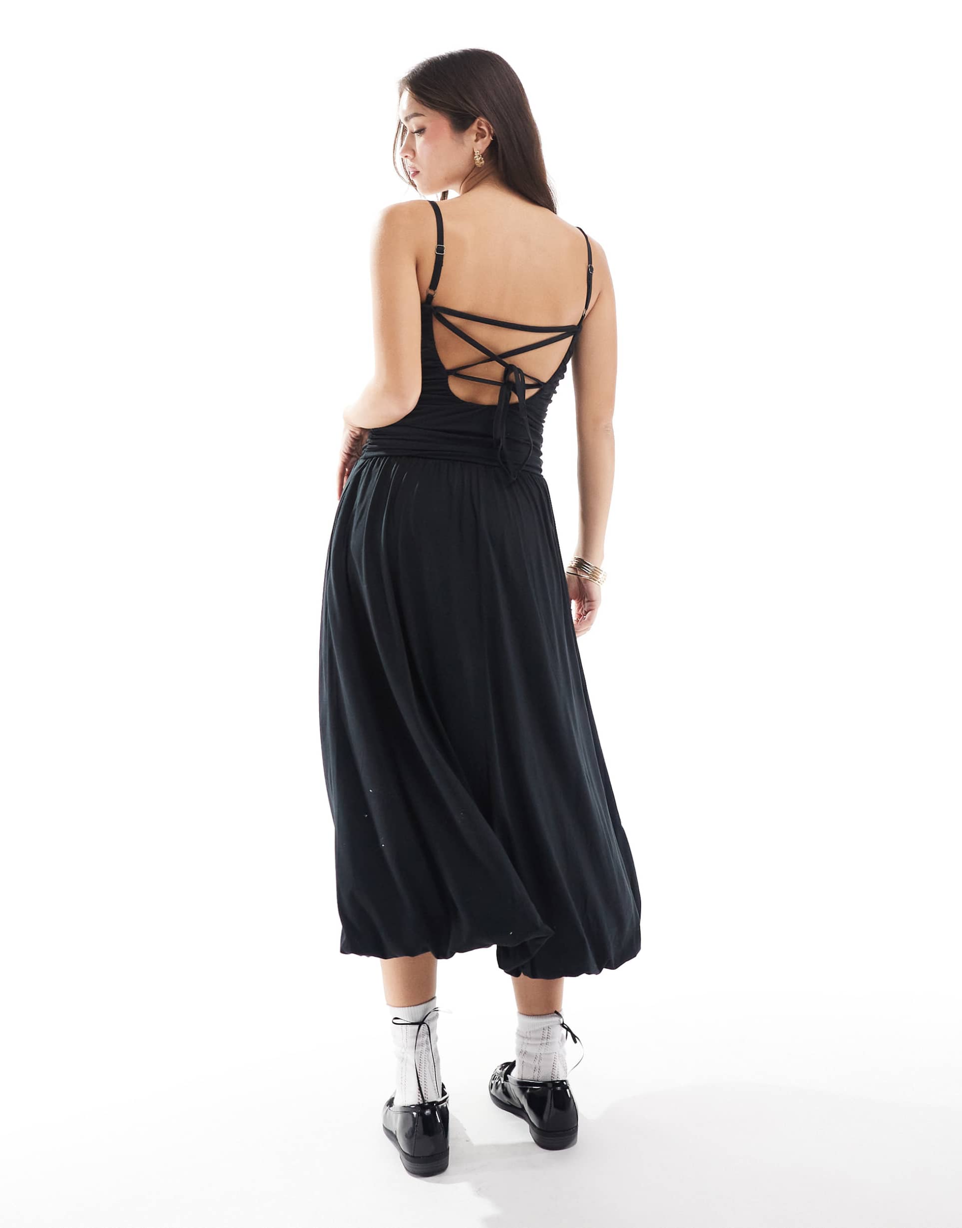 hollister strappy back puffball maxi dress in black