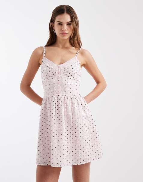 Hollister strappy button front mini dress in pink polka dot - view 1