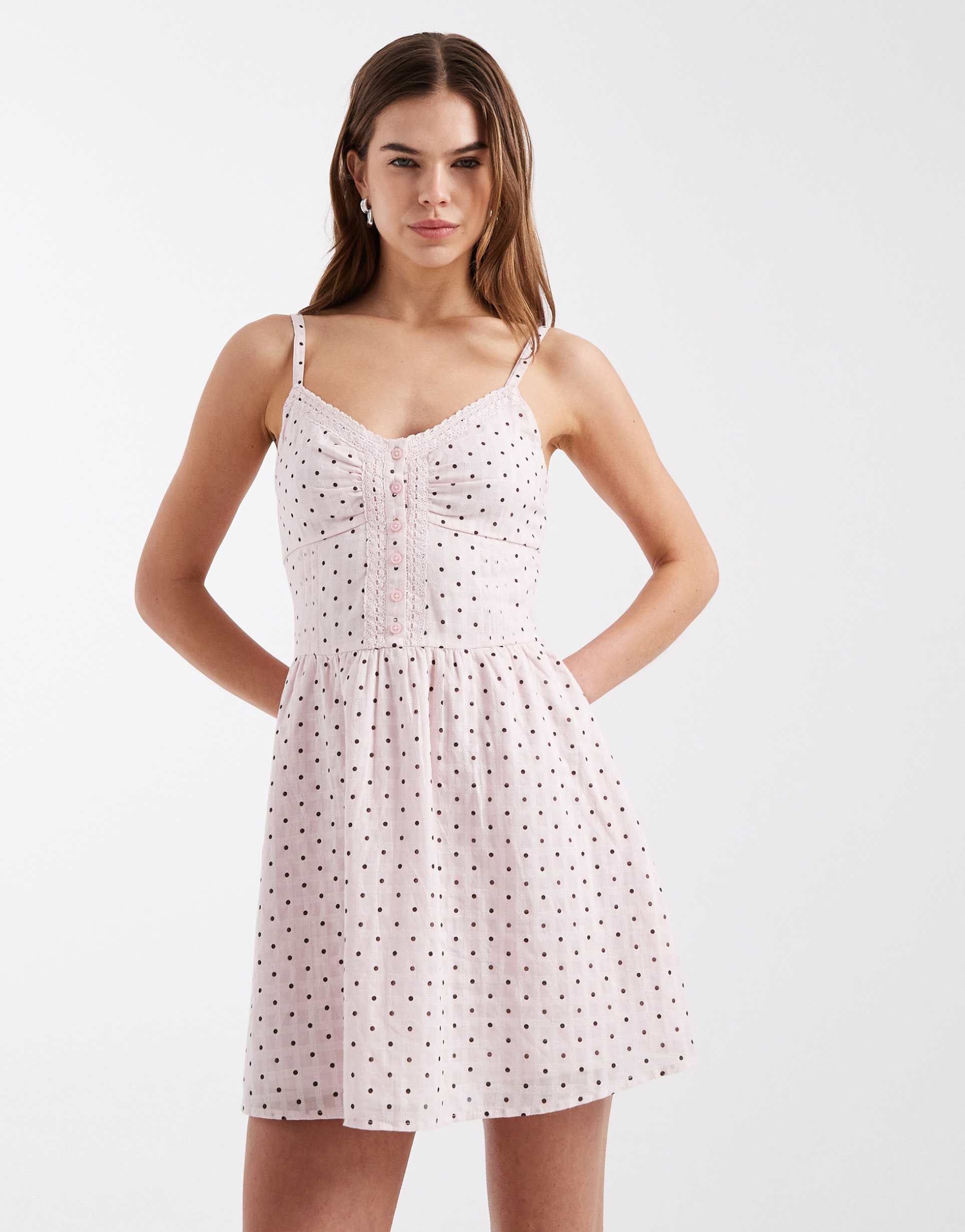 hollister strappy button front mini dress in pink polka dot