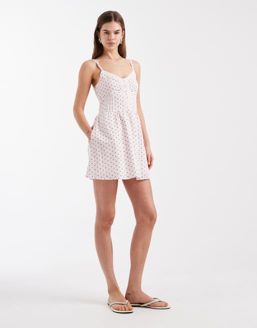Hollister strappy button front mini dress in pink polka dot, 3 of 4
