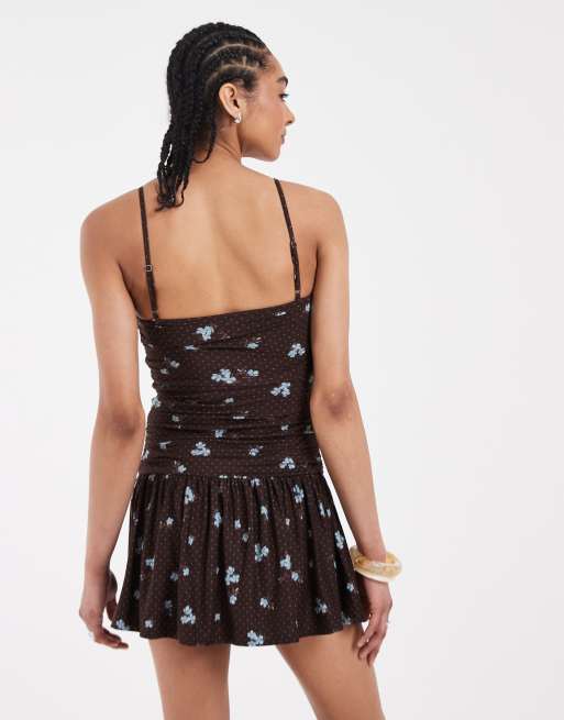 Hollister strappy lace trim babydoll mini dress in brown floral | ASOS