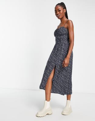 Hollister strappy slit midi dress in navy floral - ASOS Price Checker