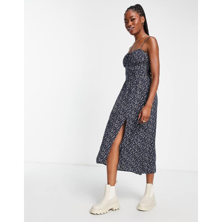 Hollister strappy slit midi dress in navy floral ASOS