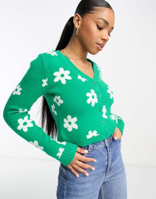 Hollister – Strickjacke in Grün mit Blumenmuster 