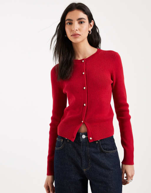 Hollister – Strickjacke in Rot mit goldfarbenen Knöpfen