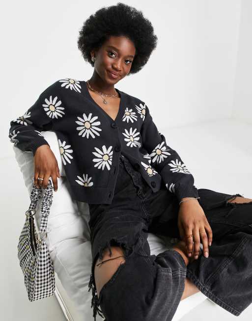 Hollister – Strickjacke in Schwarz mit Blumenmuster