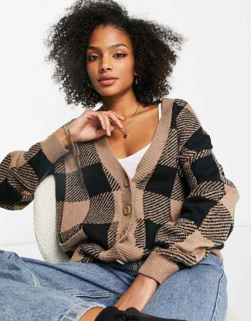 Hollister – Strickjacke mit Knopfleiste in Hellbraun kariert