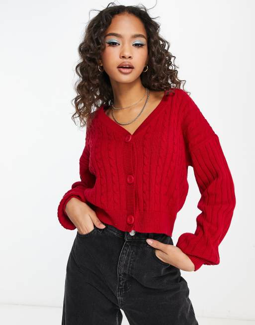 Hollister – Strickjacke mit Zopfmuster in Rot 